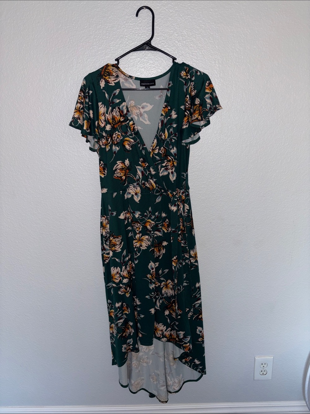 Floral Wrap High-Low Dress in Emerald Green